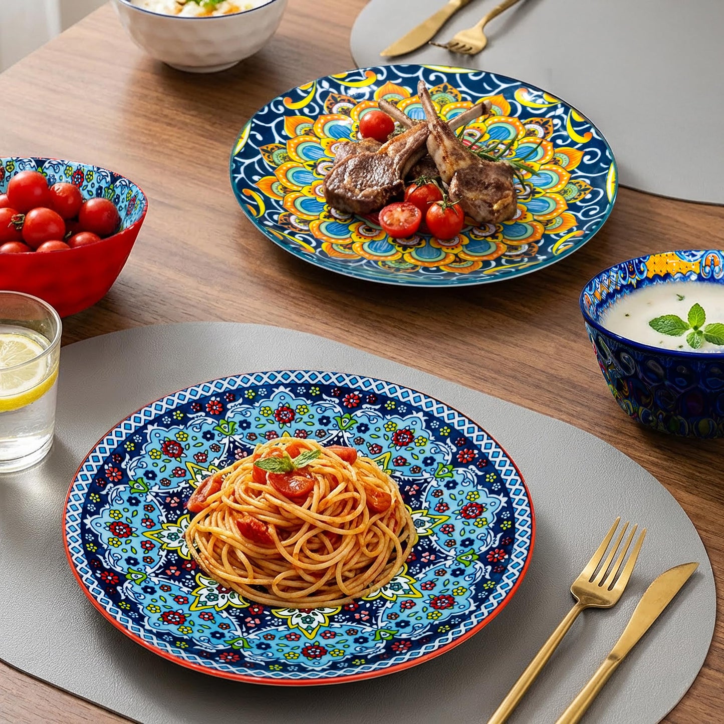 Romatlink 12 Pieces Dinnerware Sets, Ceramic Plates and Bowls Set, Microwave and Dishwasher Safe, Scratch Resistant, Bohemian Style Dishware Set, Service for 4