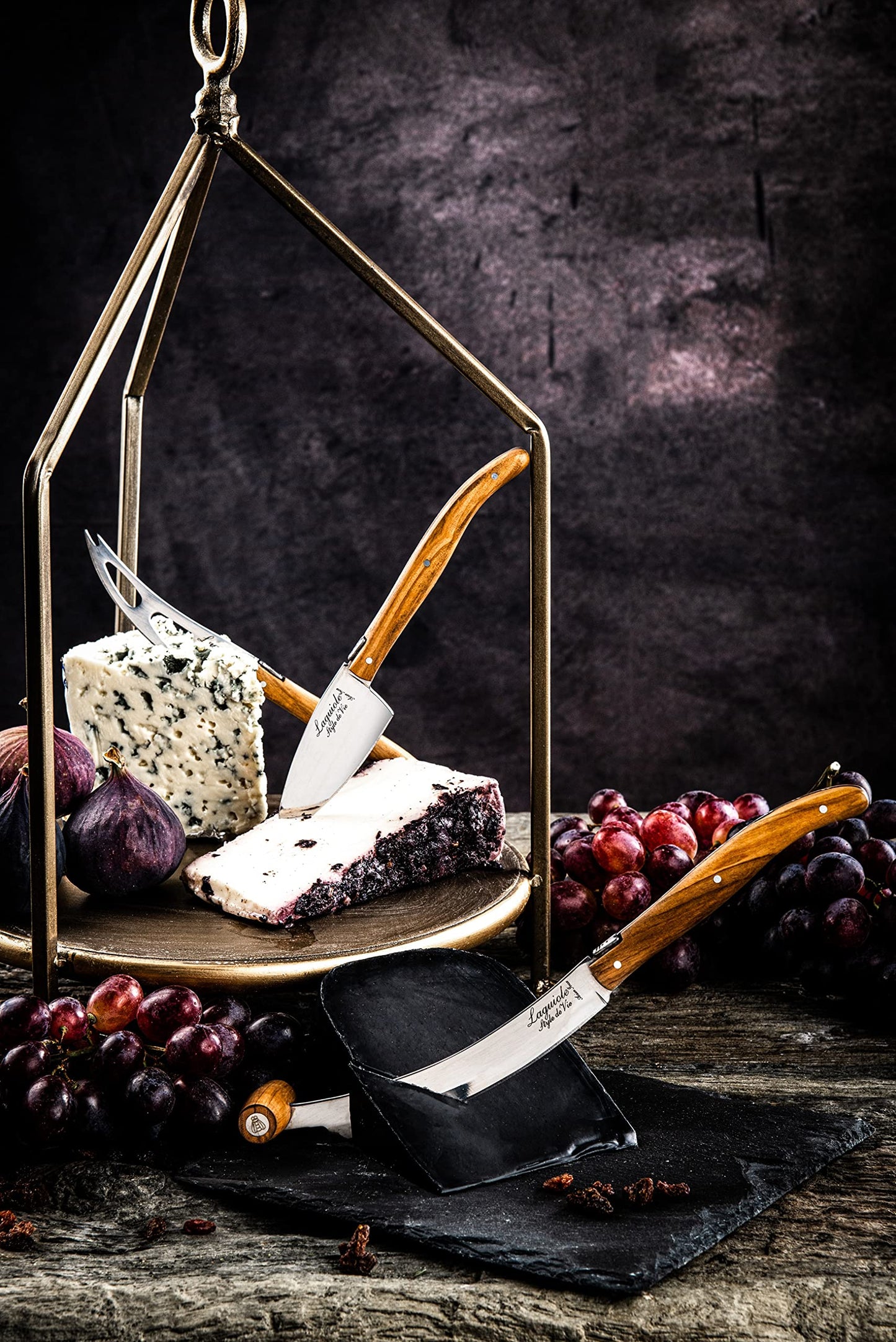 Laguiole Style De Vie Cheese Knives, Luxury Line, 3 Pieces, Olive Wood, in Giftbox