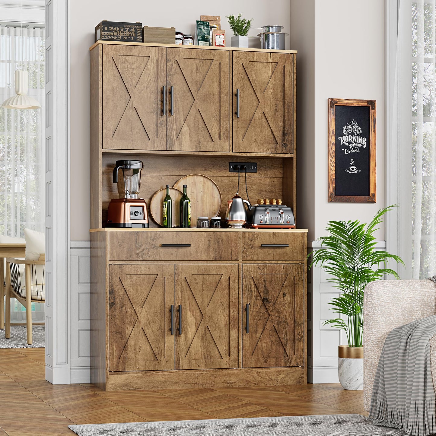 Shintenchi Pantry Cabinet with Charging Station, 70” Tall Kitchen Storage Cabinet with Microwave Stand, Storage Drawers & Adjustable Shelves, Large Capacity Kitchen Hutch for Dining Room, Brown