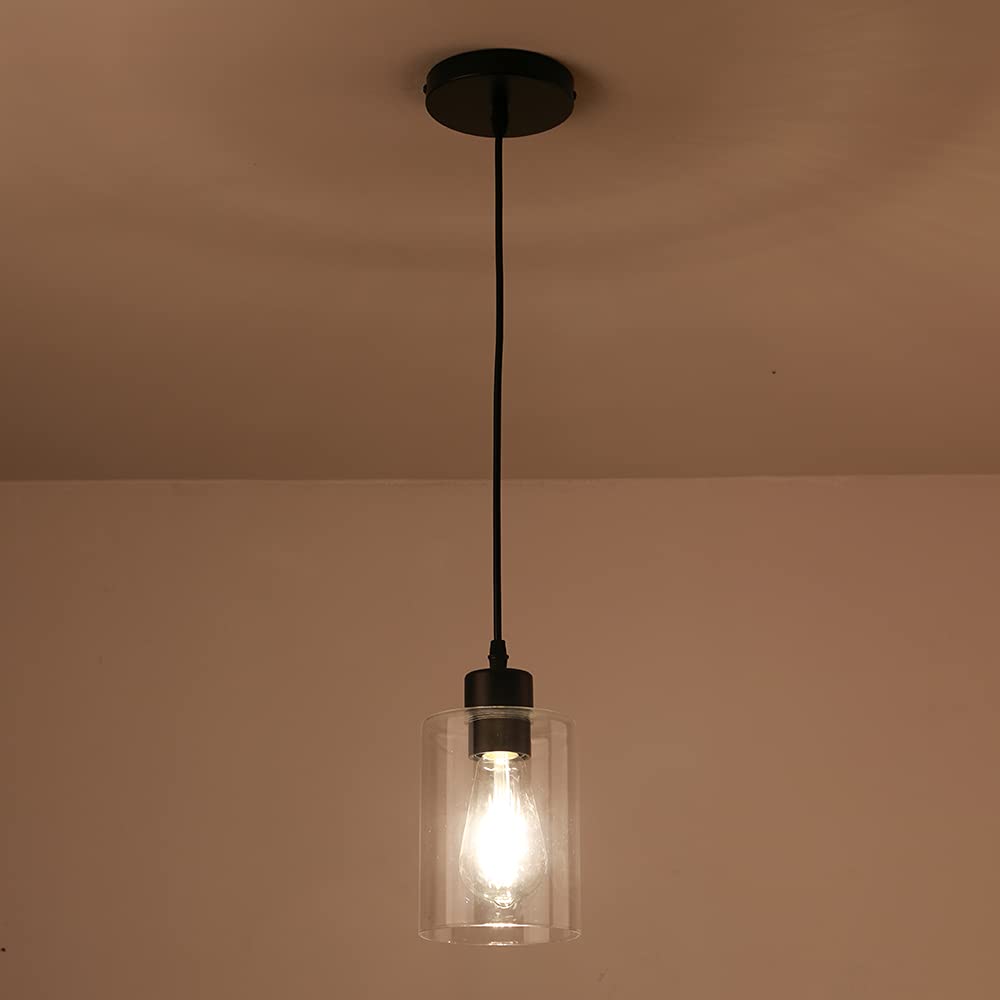 KLSS Modern Black Farmhouse Clear Glass Cylinder Pendant Light Fixture,Island Lights for Kitchen,Mini Pendant Lighting for Kitchen Island Decor - 4.75 Inch Shade 58 Inch Cord (Black 2 Pack)