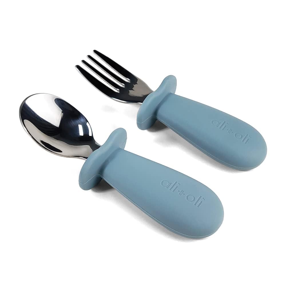 Ali+Oli Spoon & Fork Learning Set for Toddlers (Powder Blue) 6m+ Grab Easy BPA Free Food-Grade Silicone Handle, Kids Silverware Self Feeding Baby Utensil, Multi-stage Baby Feeding Set Ergonomic Design
