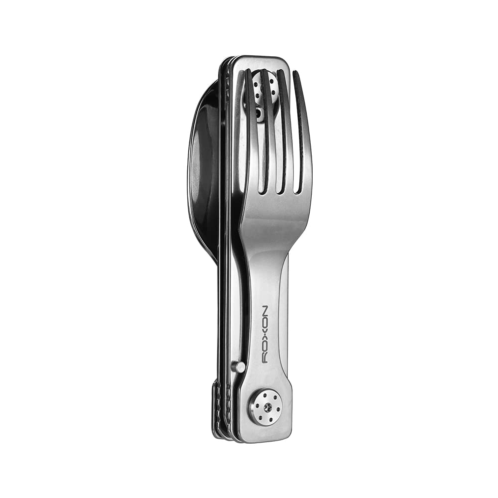 ROXON 3-in-1 Knife Spoons Fork + Pouch - Magnetic Folding Stainless Steel Camping Utensils Set - EDC Portable Lightweight Cutlery for Hiking Backpacking Travel Lunchbox Outdoor Silverware Essentials
