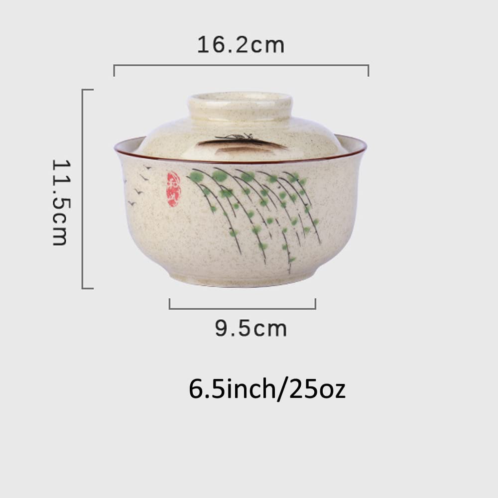 LLPUSLUO 6.5 inch Retro Ceramic Ramen Bowl with Lid,Japanese Style Personalized Dinnerware For Noodle Rice Porridge Soup Fruit Sala (6.5inch, B)