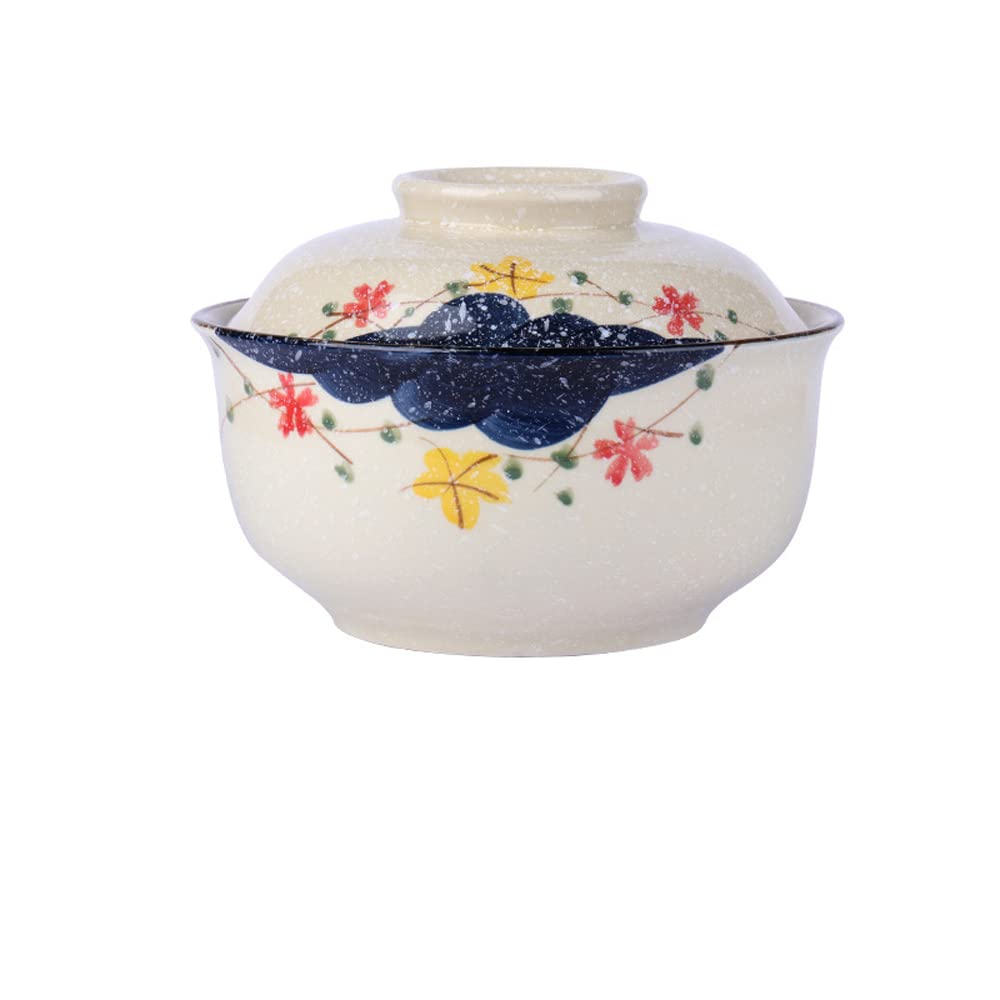 LLPUSLUO 6.5 inch Retro Ceramic Ramen Bowl with Lid,Japanese Style Personalized Dinnerware For Noodle Rice Porridge Soup Fruit Sala (6.5inch, B)