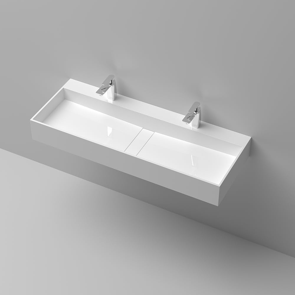 Weibath 47 Inch Wall-Mount Double Sink Stone Resin Trough Bathroom Sink with 2 Faucet Holes (Glossy White)