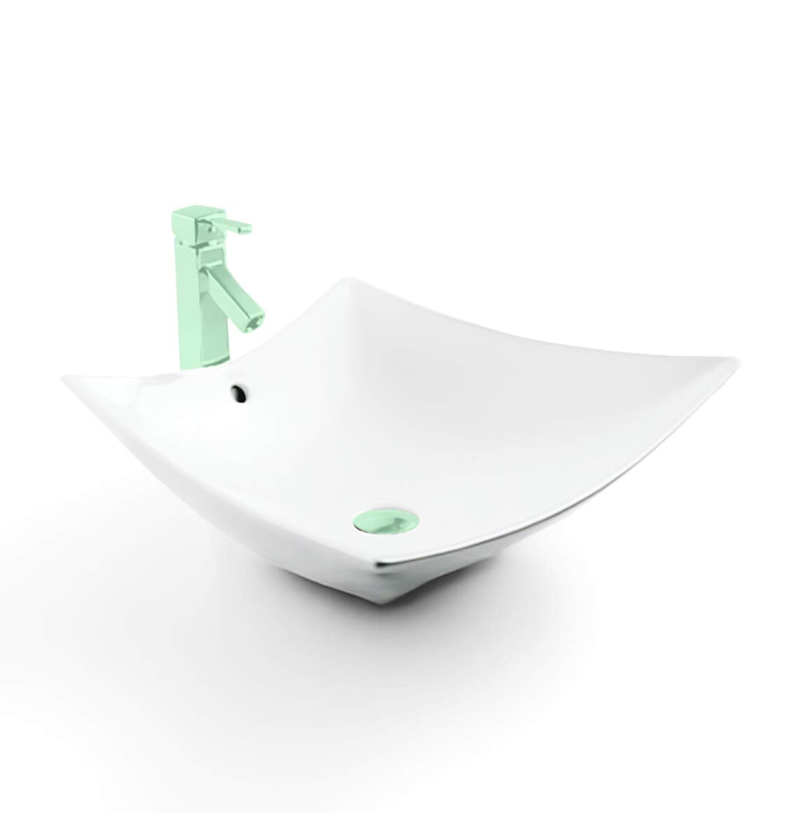 URBN.design Modern 24 Inch Wide Geometrical Trapezoid Design Above Counter Bathroom Ceramic Vessel Sink in White Color with Overflow