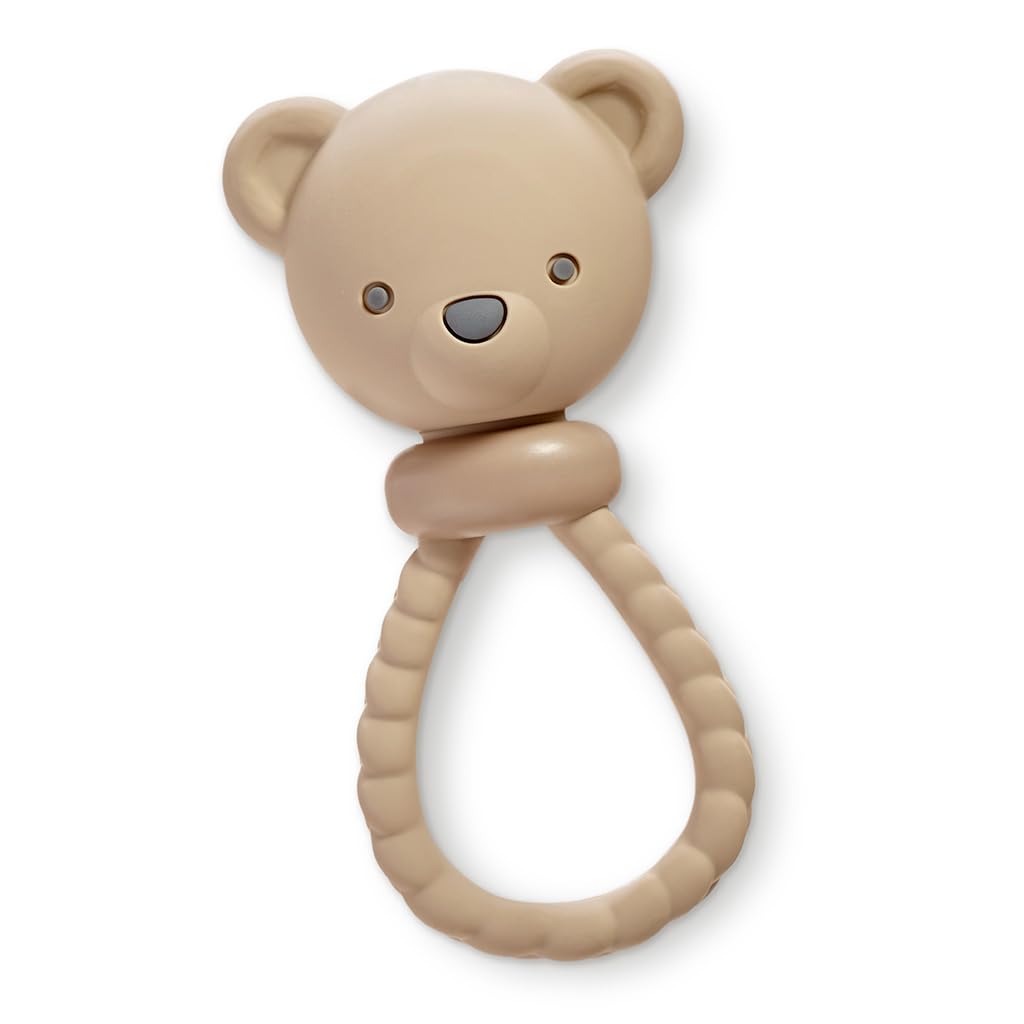 Itzy Ritzy Silicone Rattle Toy – Soothing Teething Toy with Soft Jingle Sound & Easy-Grip Textured Handle - for Ages 3 Months and Up (Bear)