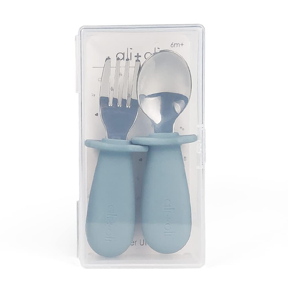 Ali+Oli Spoon & Fork Learning Set for Toddlers (Powder Blue) 6m+ Grab Easy BPA Free Food-Grade Silicone Handle, Kids Silverware Self Feeding Baby Utensil, Multi-stage Baby Feeding Set Ergonomic Design