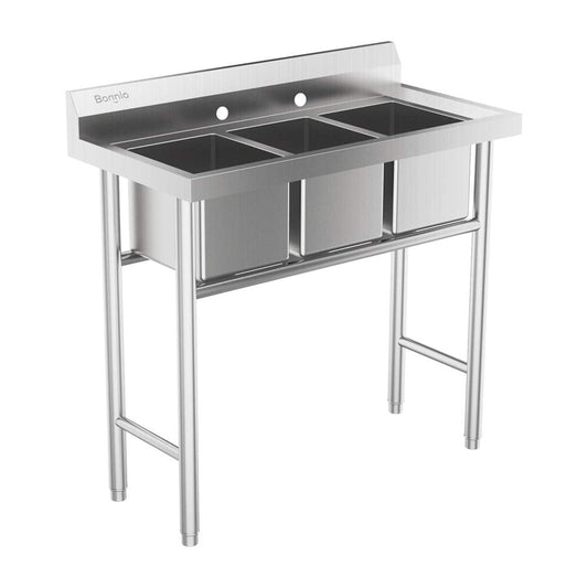 Bonnlo 3-Compartment NSF 304 Stainless Steel Utility Sink Commercial Grade Laundry Tub Culinary Sink for Outdoor Indoor, Garage, Restaurant, Kitchen, Laundry/Utility Room - 39” W x 18” D x 40.2” H