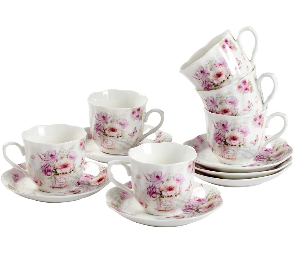 GuangYang 2.5 oz Porcelain Espresso Cups and Saucers Set – Floral Design, Purple Pattern – Gift-Ready, Elegant Mini Coffee Set of 6 for Home or Gifting