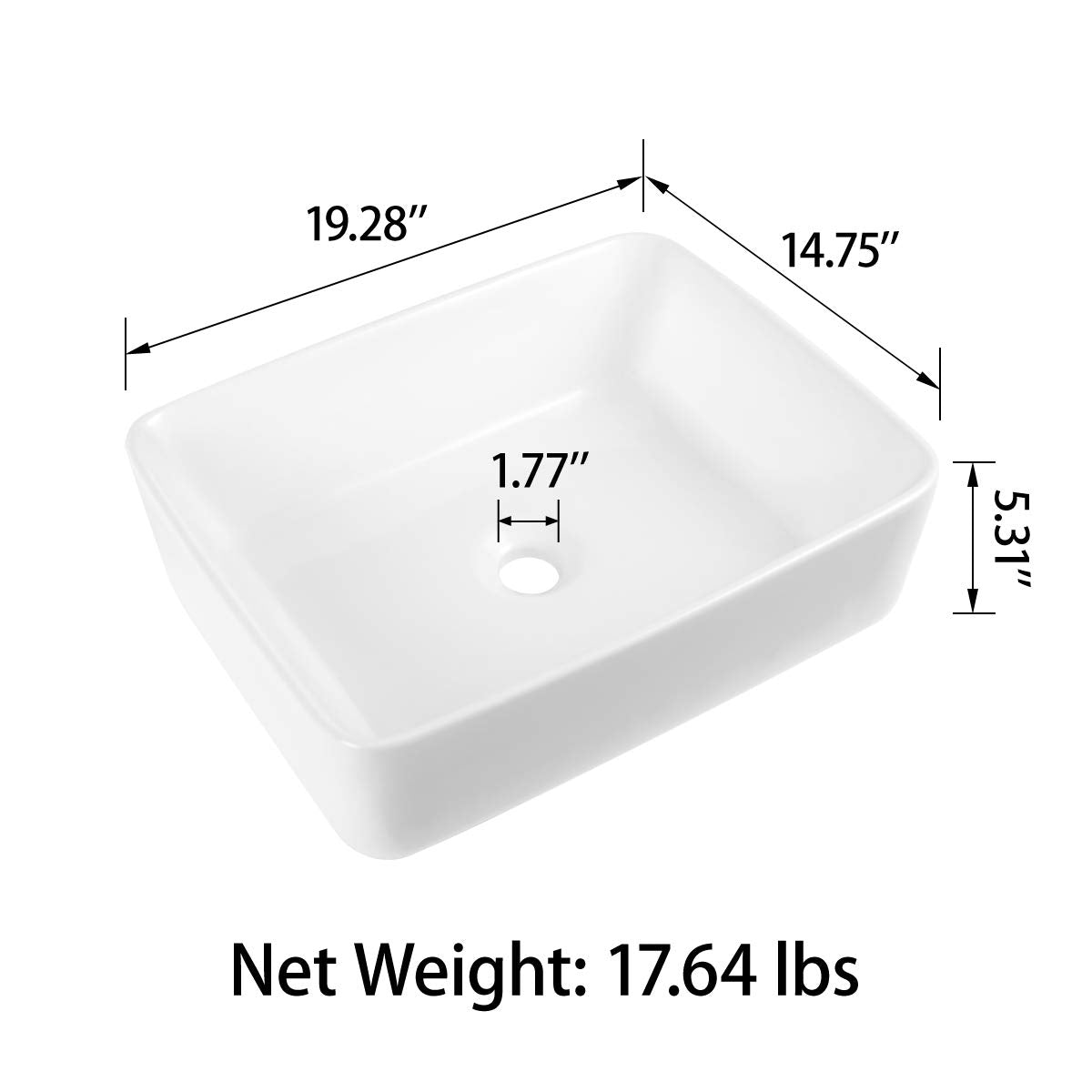 Sinber BVS1915A-OL 19" x 15" x 5.31" White Rectangular Ceramic Countertop Bathroom Vanity Vessel Sink