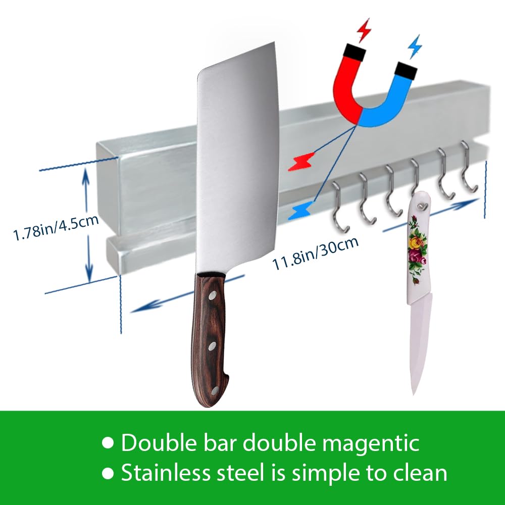 YIIYIIN 12" Premium 304 Stainless Steel Double-Sided Magnetic Knife Holder for Wall -with Adhesive Strip, No Drill -6 Hooks Included for Kitchen Utensils