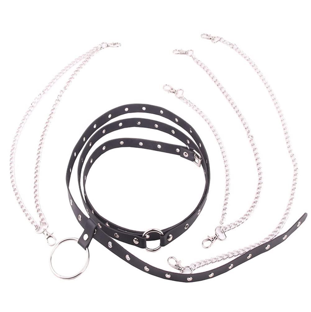 HUI GUO Women's Gothic Body Chain Belt Leather Punk Waist Belt with O-ring Metal Chain Tassel Adjustable Buckles(Black3), One Size