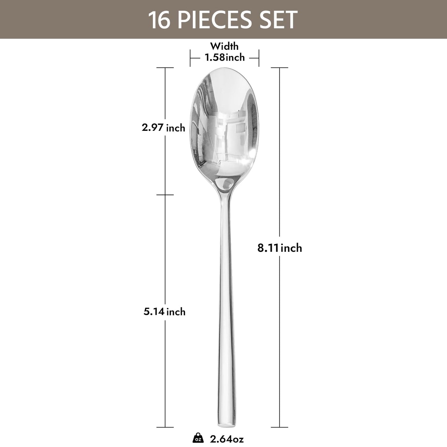KINGSTONE Dinner Spoon Set, 16-Piece Tablespoons Silverware Spoons, Premium Food Grade Stainless Steel Spoons, Mirror Finish & Dishwasher Safe, Use for Kitchen, Home, Wedding, Party
