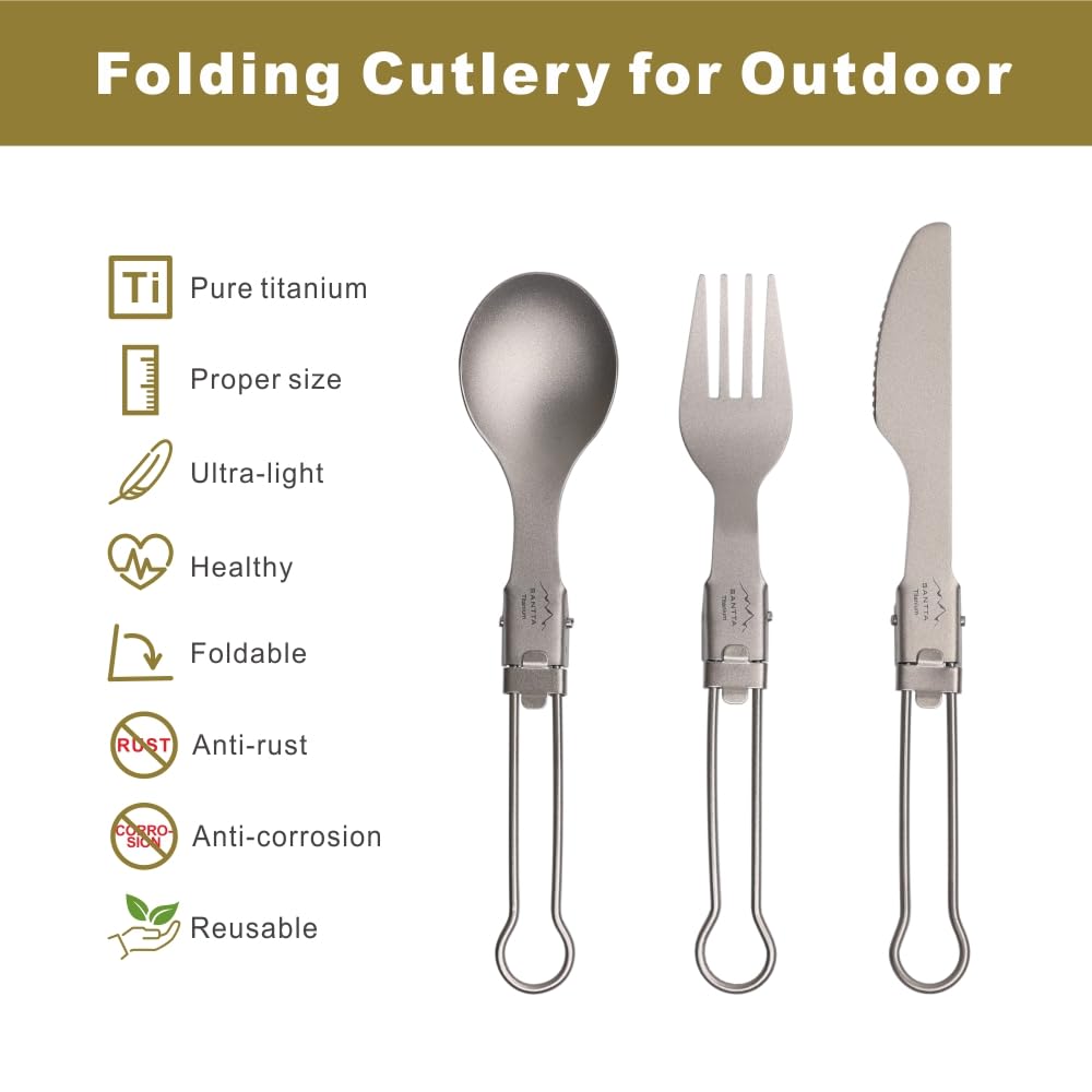 SANTTA Ultra Light Titanium Folding Cutlery Set Including Knife Fork Spoon with Bag for Backpacking, Hiking, Camping and Traveling
