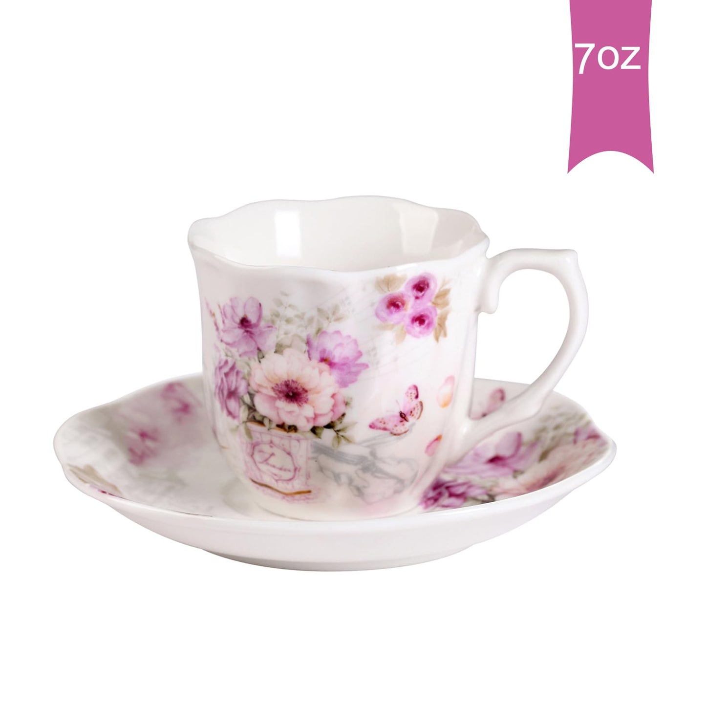 GuangYang 7 oz Porcelain Tea Cups and Saucers set of 6,Purple Fancy Floral Pattern (Perfect for Cappuccino, Flat white Coffee, Americano, Hot Tea, or Desserts)