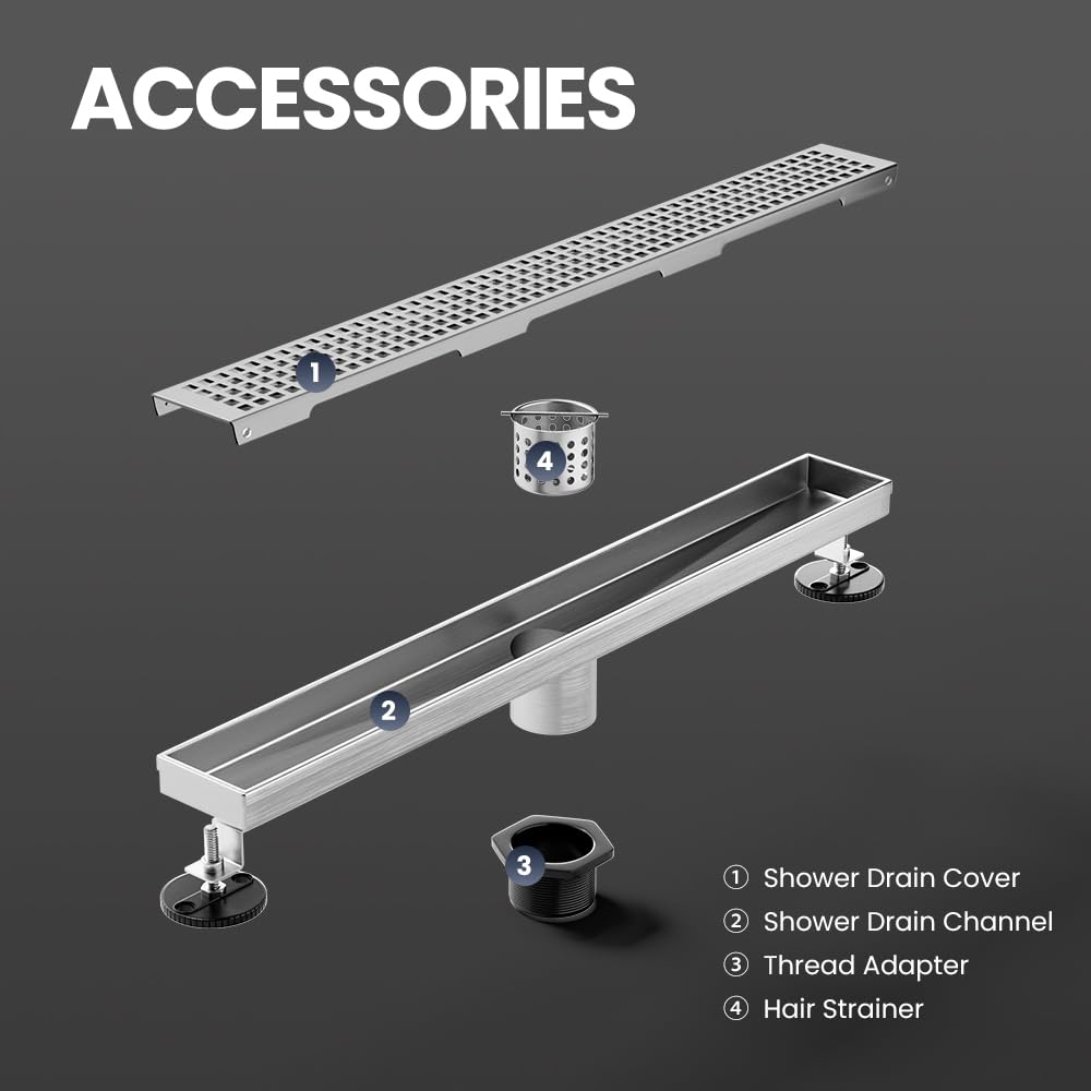 LISEEGO Linear Shower Drain 60 Inch, Brushed AISI 304 Stainless Steel Shower Drain with Square Hole Panel, for Bathroom, Kitchen, Garage & More