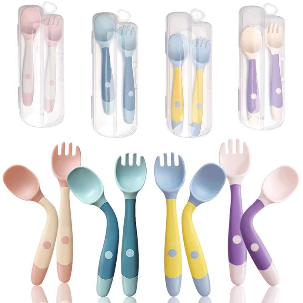 Baby Utensils Spoon Fork with Travel Case, Toddler Utensils for Self Feeding Bendable Handle Silverware for Kids Children (4 Set, Pink+Yellow+Green+Purple)