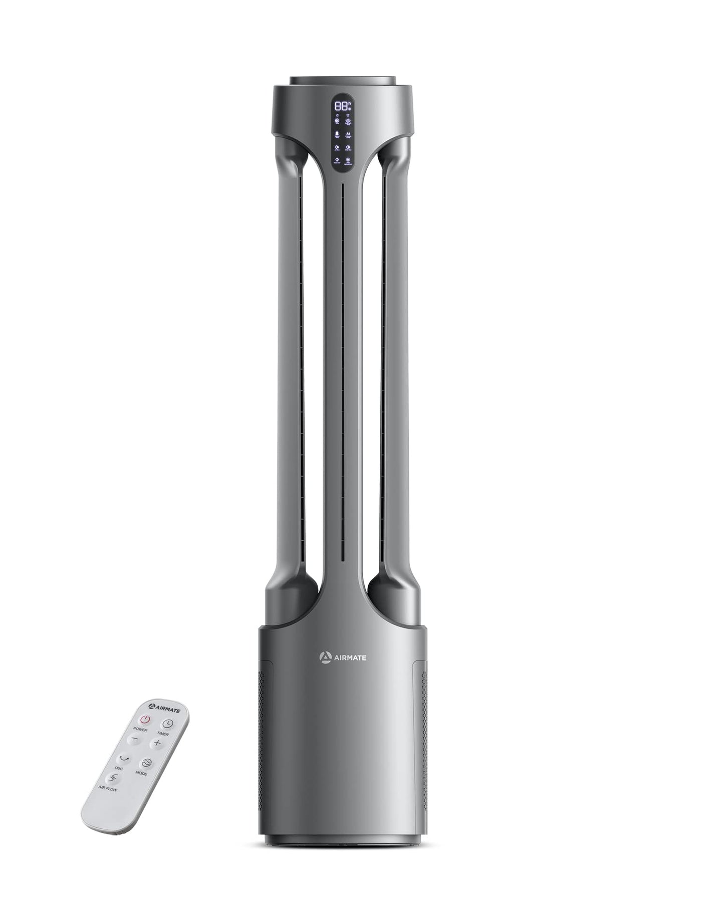 AIRMATE Air Purifier Bladeless Tower Fans, 1500CFM Large Air Volume, 45" 2-in-1 Standing Fan for Bedroom & Home, 28ft/s Velocity, 90° Oscillation, 15H Timer, Low Noise, Silver