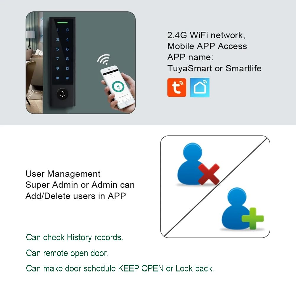 MENGQI-CONTROL WiFi Remote Manage IP66 Watreproof Access Control Keypad 600lbs Magnetic Lock Request to Exit PIR Motion Sensor Smart Phone App Remote ADD/Delete User