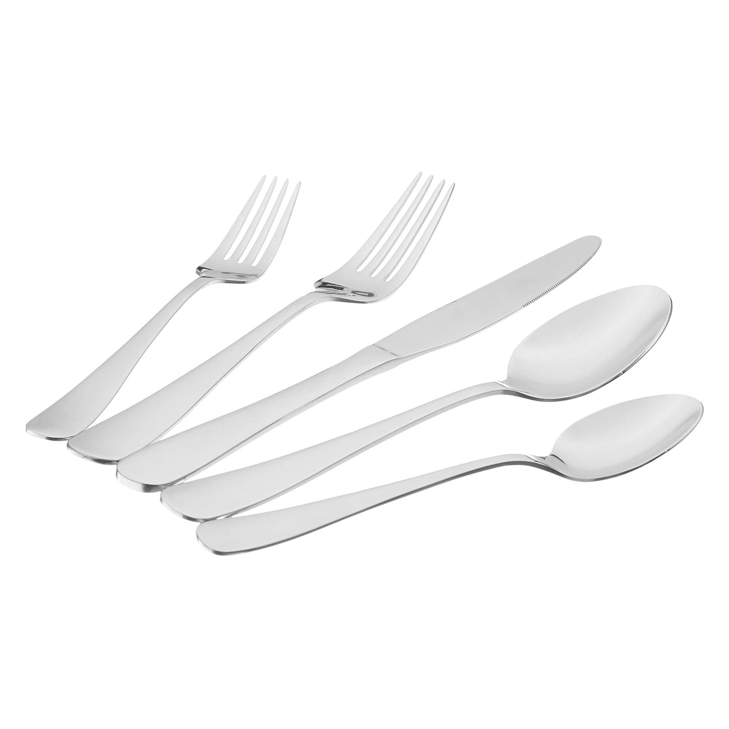 Amazon Basics Silverware Set, Stainless Steel Flatware, Dishwasher Safe, Service for 4, 20-Piece Forks and Spoons, Round Edge, Everyday Use