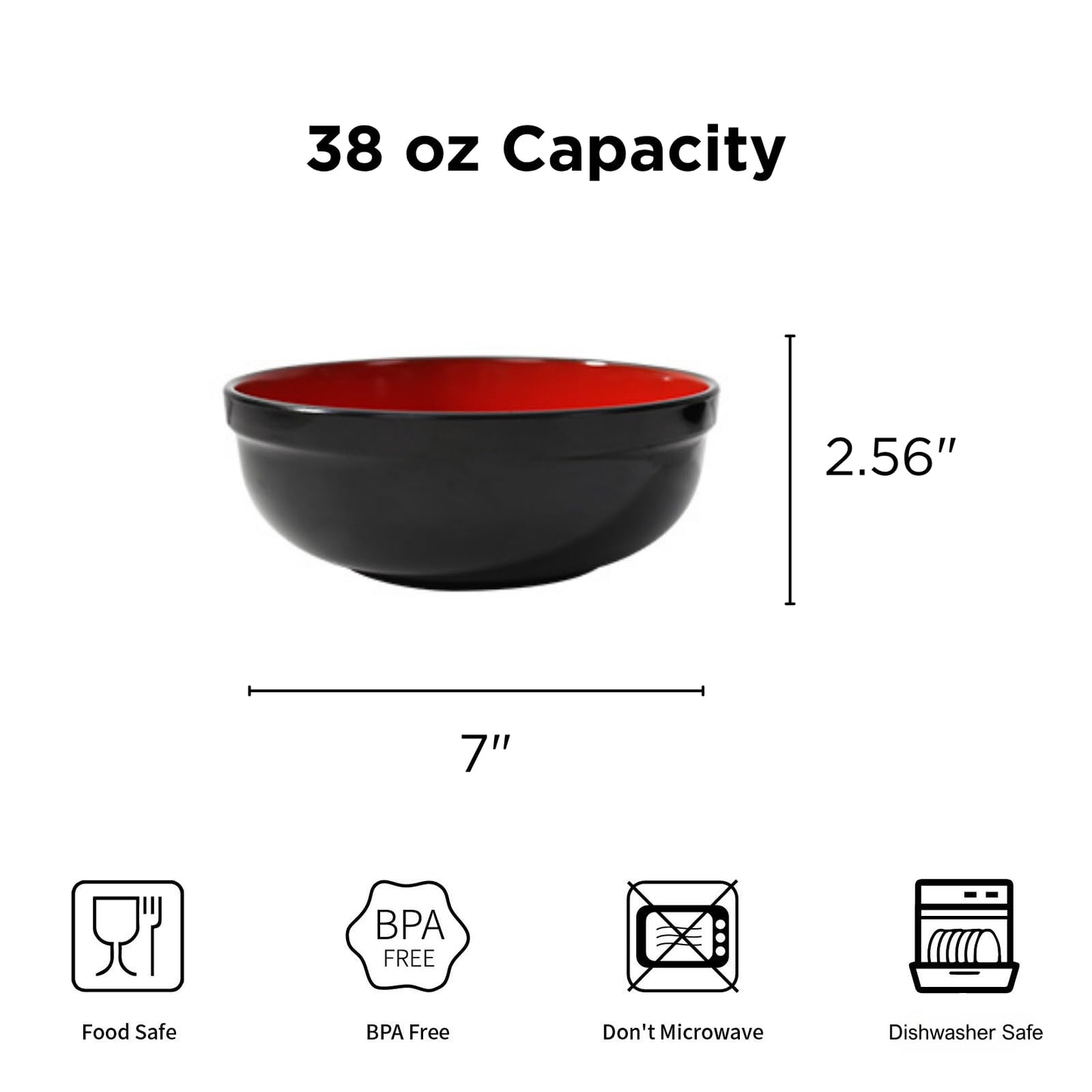TP 38 oz Melamine Bowls Set for Ramen Pho Soup Pasta Salads, Set of 4 Large Japanese Bowls, Unbreakable Lightweight and Dishwasher Safe, Black and Red