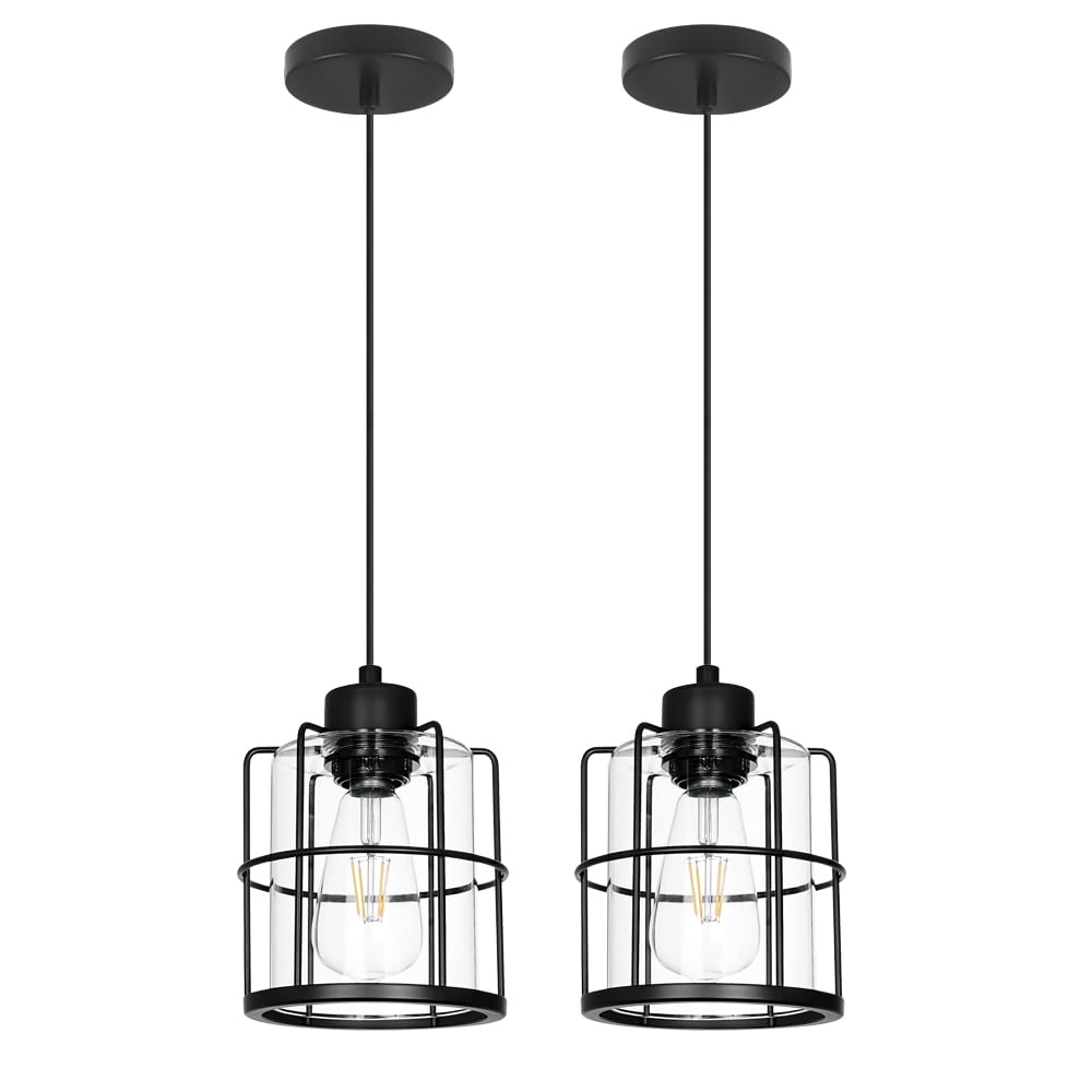 Industrial Black Pendant Lights Kitchen Island, Glass Island Pendant Lights Set of 2, Small Ceiling Kitchen Island Lights with Adjustable Cord, Farmhouse Hanging Light for Hallway Bathroom