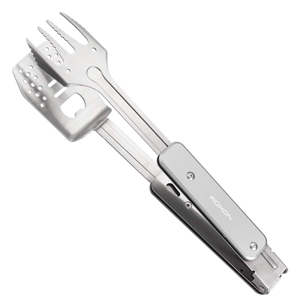 ROXON 4 in 1 Mini Folding BBQ Barbecue Combo Tool Set with Spatula, Fork, Tongs and Bottle Opener for Hiking Camping (Grey)