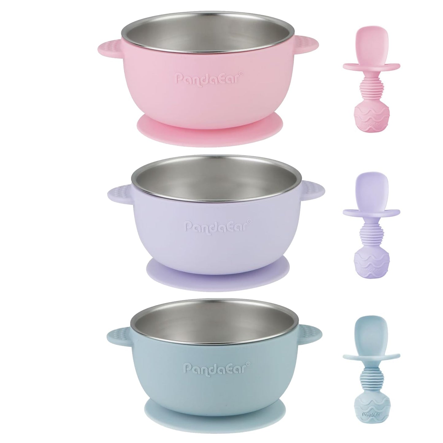 PandaEar 3 Pack Stainless Steel Suction Baby Bowls & 3 Silicone Baby Spoons | Non-Slip Stay Put Bowls & Anti-Choke First Stage Spoons for Toddlers, BPA-Free Baby Led Weaning Set