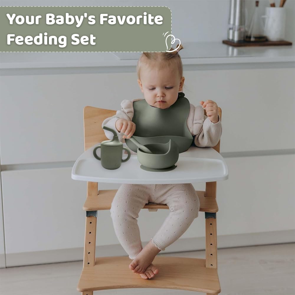 Dahzii 6-Piece Silicone Baby Feeding Set Non-Slip Suction Plate, Bowl, Spoon, Fork, Cup, Bib. BPA-Free, Dishwasher & Microwave Safe for Babies & Toddlers