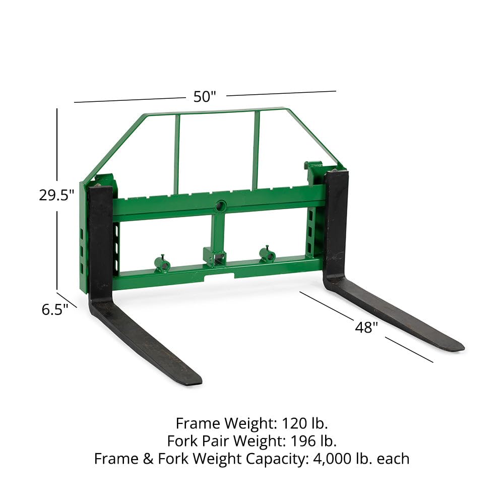 Titan Attachments Heavy Duty Pallet Fork Frame and 48" Fork Blades with 2" Trailer Receiver Hitch Fits John Deere Loader