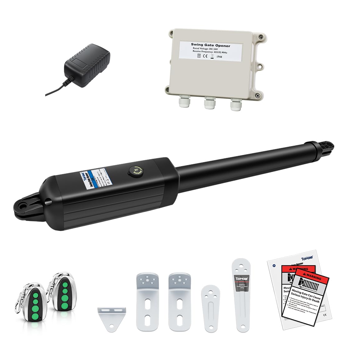 TOPENS A8 Automatic Gate Opener for Heavy Duty Single Swing Gates Up to 18ft, Single Swing Gate Operator Battery Powered with Remote Control Kit Gate Motor Solar Compatible