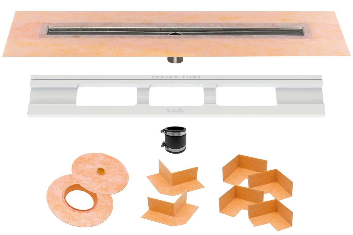 Schluter Kerdi Line Shower Drain with 56" Stainless Steel Channel Body and Waterproof Kerdi Collar - Ideal for Showers and Wet Rooms - Center Outlet Position, 55-1/8" Grate Length - KL1V60E140