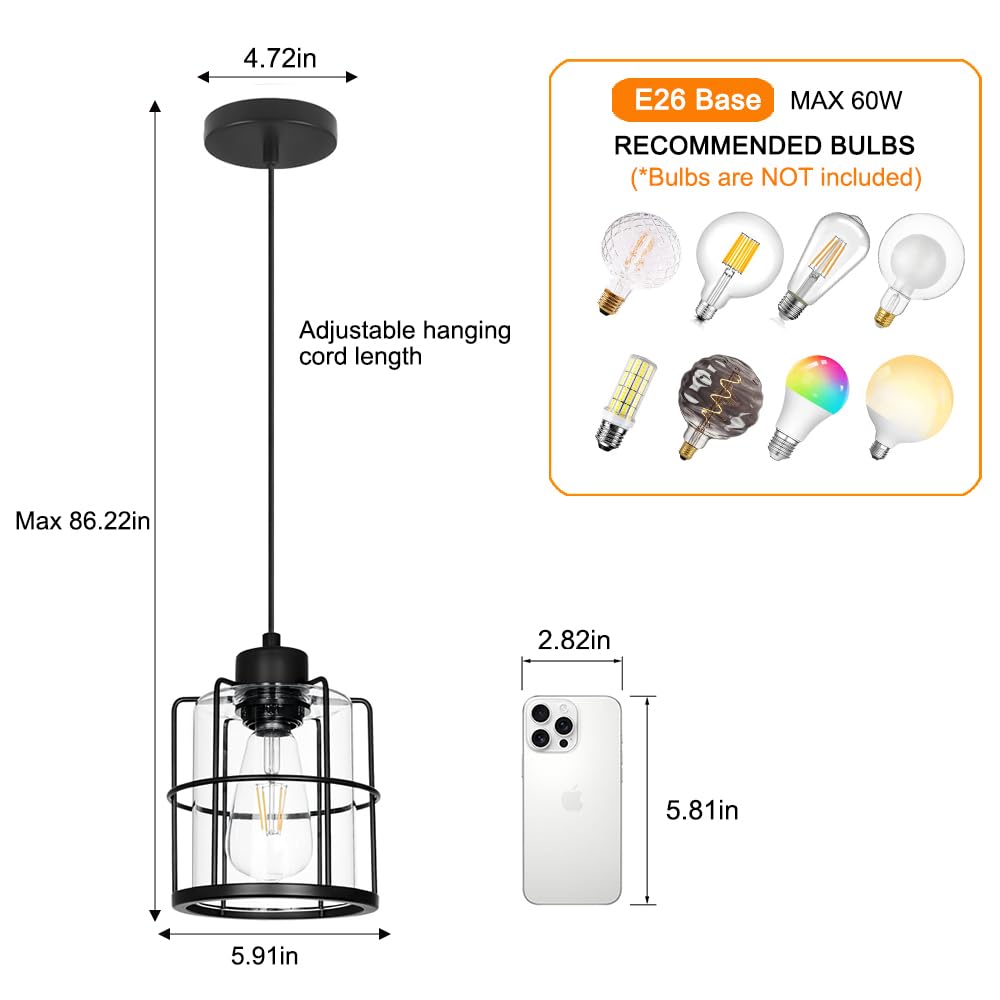 Industrial Black Pendant Lights Kitchen Island, Glass Island Pendant Lights Set of 2, Small Ceiling Kitchen Island Lights with Adjustable Cord, Farmhouse Hanging Light for Hallway Bathroom