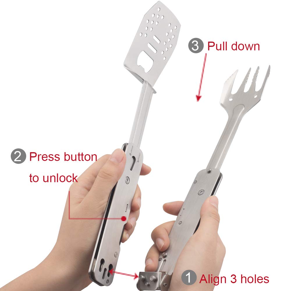 ROXON 4 in 1 Mini Folding BBQ Barbecue Combo Tool Set with Spatula, Fork, Tongs and Bottle Opener for Hiking Camping (Grey)