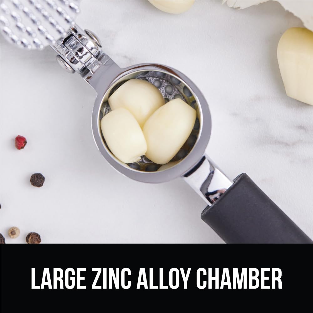 GORILLA GRIP Garlic Press and Peel Set, Heavy Duty Mincer Tool, Large Ergonomic Handle, Easily Mince and Crush Garlics, Ginger, Nuts, Seeds, Peeler Included, Peeling Cloves, Kitchen Gadgets, Black