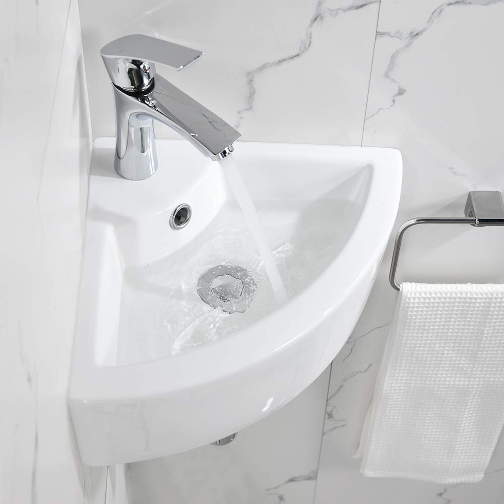 Wall Mount Corner Bathroom Sink with Faucet-Bokaiya 18x13 Inch Small Bathroom Sink with Overflow Wall Mount Triangle White Porcelain Ceramic Mini Vanity Space Vessel Sink