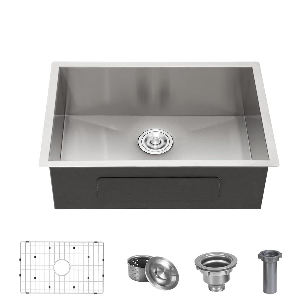 24 x 18 Inch Undermount 304 Stainless Steel Kitchen Sink, Deep Single Bowl Workstation Sink, Multifunctional Integrated Ledge One Basin Handmade Kitchen sink with Accessories