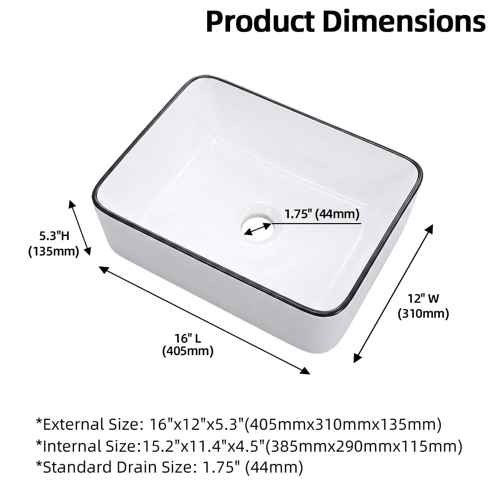 MAISINK Bathroom Vessel Sink, Rectangular 16"x12" Modern Small Bathroom Sink Above Counter, Rectangle White Porcelain Ceramic Small Vessel Sink With Black Trim