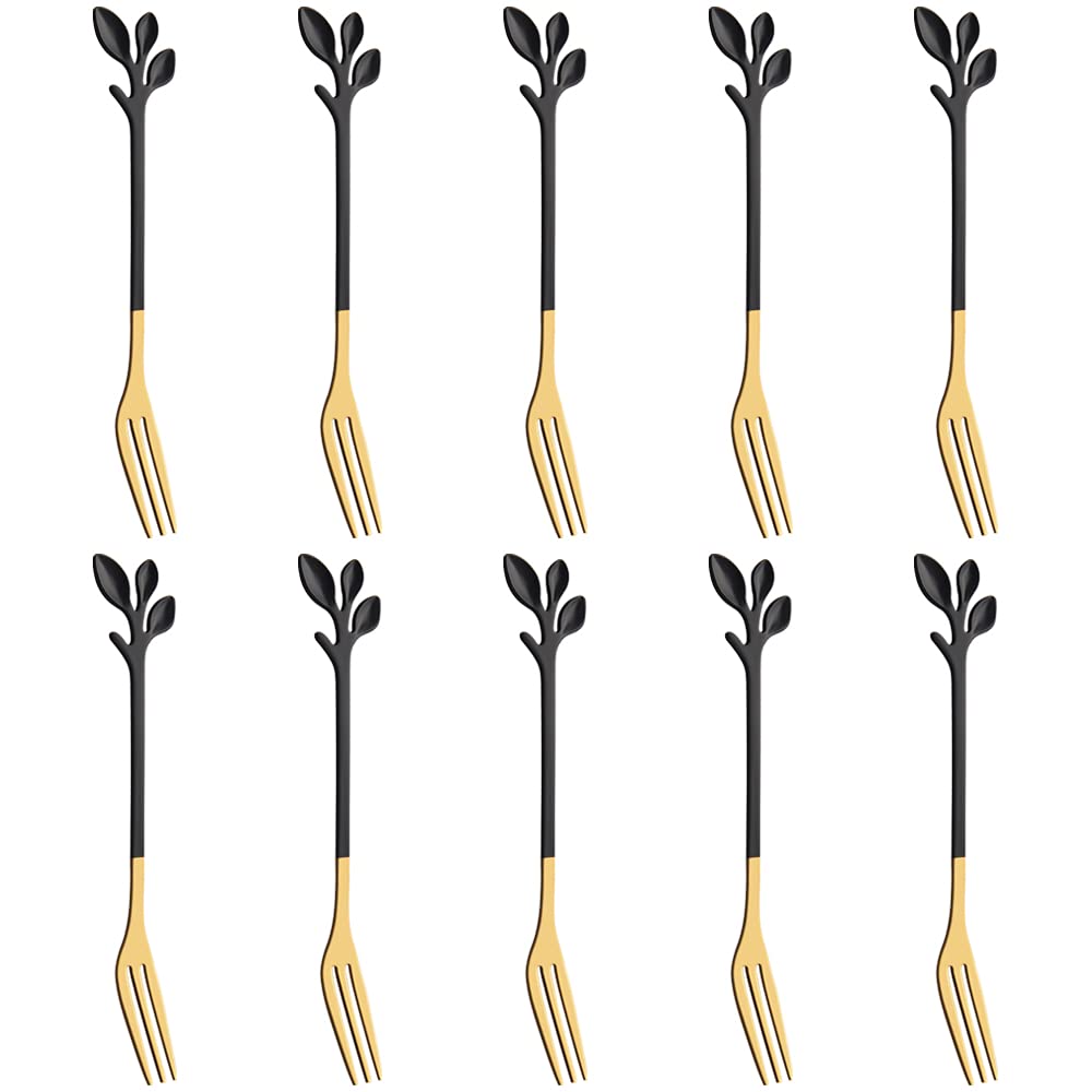 AnSaw 10-Piece Black & Gold Small Leaf Appetizer Forks Set - 4.7" Elegant Stainless Steel Fruit, Dessert, Cake & Salad Forks - Perfect for Cocktail Parties & Home Use