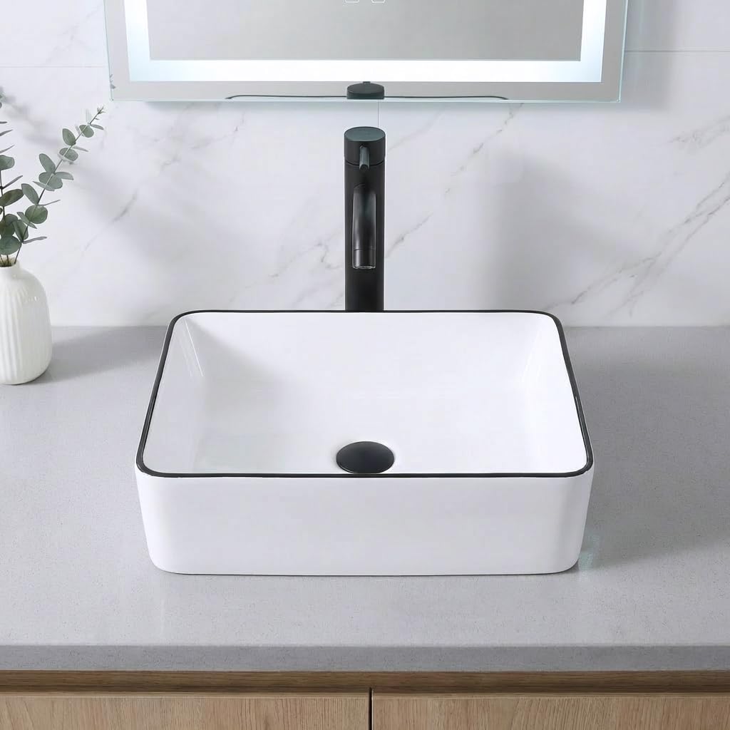 MAISINK Bathroom Vessel Sink, Rectangular 16"x12" Modern Small Bathroom Sink Above Counter, Rectangle White Porcelain Ceramic Small Vessel Sink With Black Trim