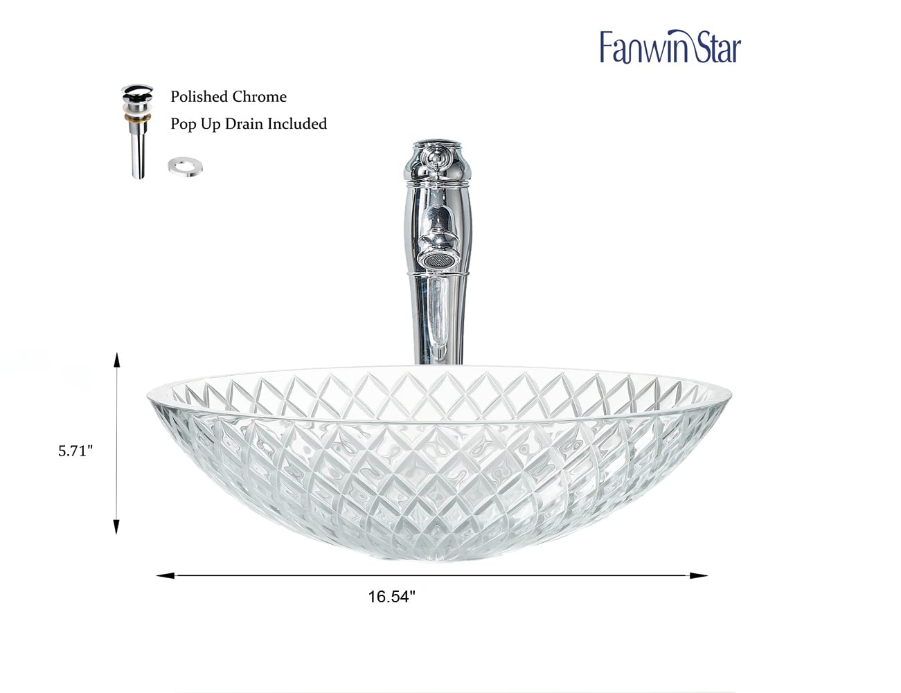 Fanwin Star Tempered Deco Glass Luxuryhome Bathroom Sink in Crystal engraving Elegant | Top Mount Basin | Vanity Countertop Sink Bowl with Pop Up Drain |Surface Finish Glossy | FW-LA659