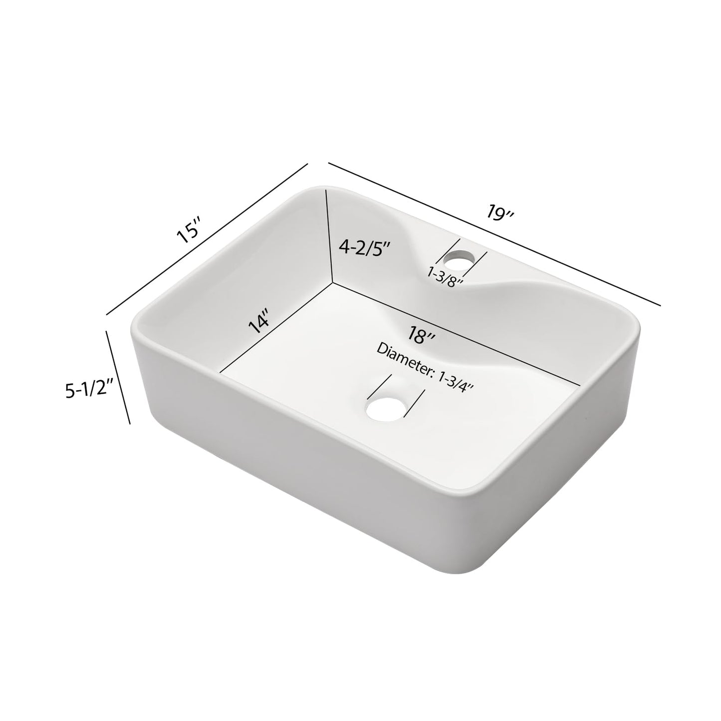 Lofeyo Bathroom Vessel Sink 19''x15'' with Black Faucet and Drain Combo, Rectangular White Ceramic Above Counter Vanity Sink for Modern Bathroom
