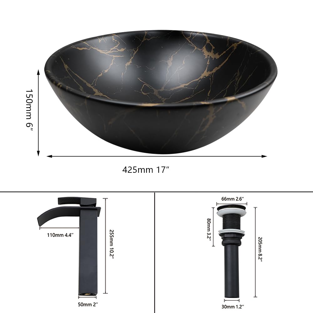 Focitland Round Bathroom Sink Bowl Black Vessel Sink with Waterfall Faucet Combo Bathroom Sink Above Counter Ceramic Vessel Sink Art Basin Sink for Bathroom