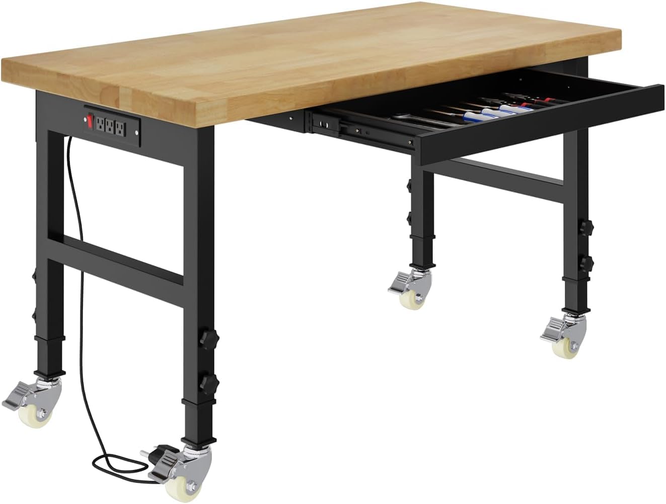 Pelnuies 48" Heavy-Duty Solid Wood Work Bench with Drawers, Adjustable Height Workbench with Wheels, 2000 LBS Capacity Work Table with Power Outlets for Garage, Workshop(48" X 24")