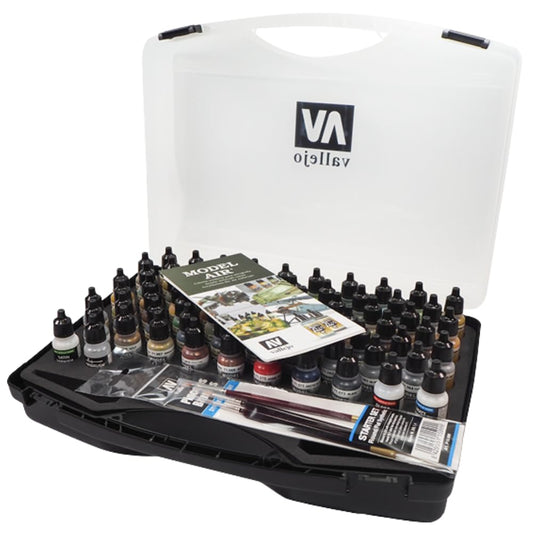 Vallejo - Basic Colors Model Air Range Case | Premium Acrylic Paint Set | Airbrush-Ready Historical Colors Kit | Portable Hobby Storage Box | 72 Bottles x 17 ml. (0.57 fl.oz) and 3 Brushes Included