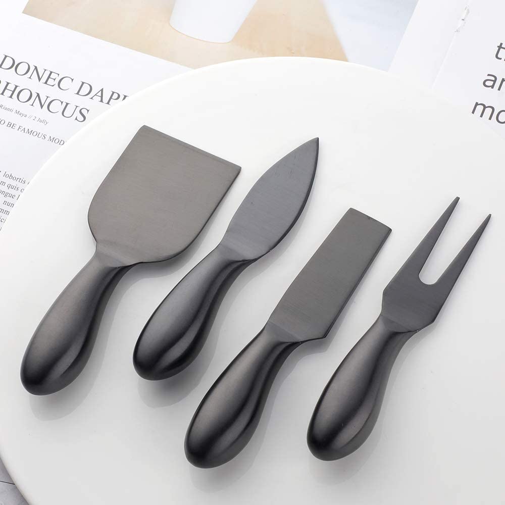 Buyer Star Black 4 Piece Cheese Knife Set Stainless Steel Mini Cheese knives Charcuterie Board Accessories Cheese Spreader Knife with Present Box for Charcuterie, Present-Ready