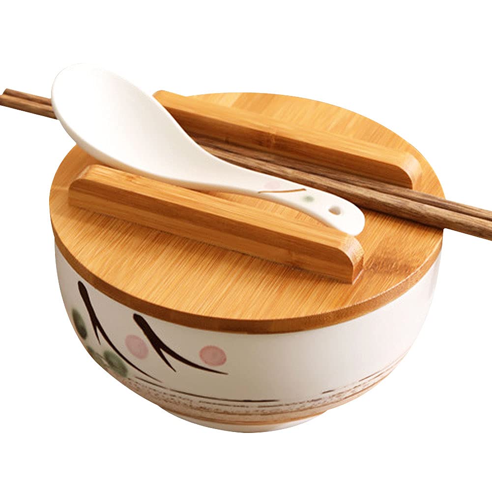 WHJY White Ceramic Bowl with Lid, Spoon, Chopsticks for Soup, Rice, Noodles. Japanese Traditional Style Tableware.