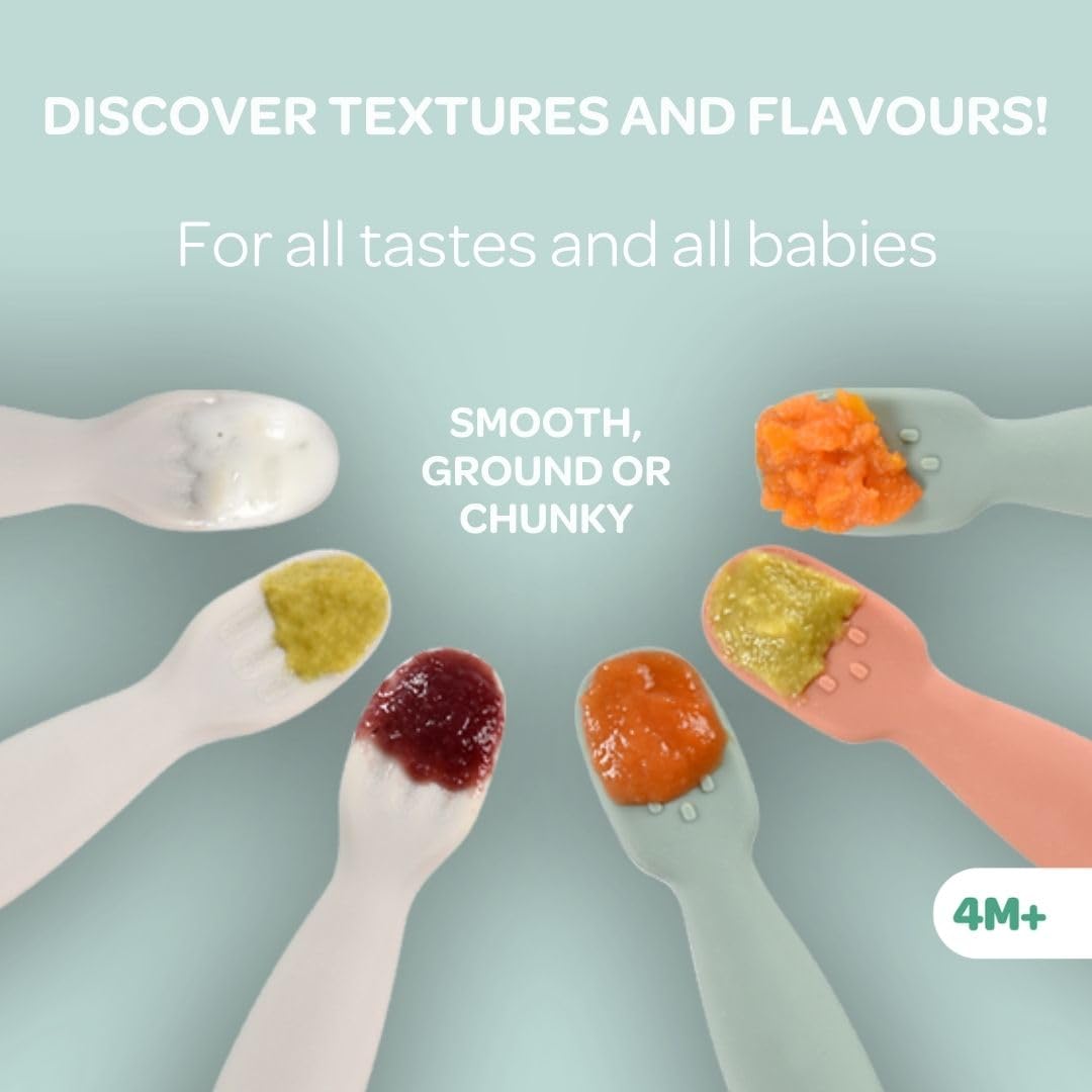 BEABA Set of 2 Silicone Pre-Spoons, For Babies 4-8 Months, Ultra-Soft Silicone Spoons to Help with Self Feeding, Designed with Specialist, Baby Utensils, Sage/Grey