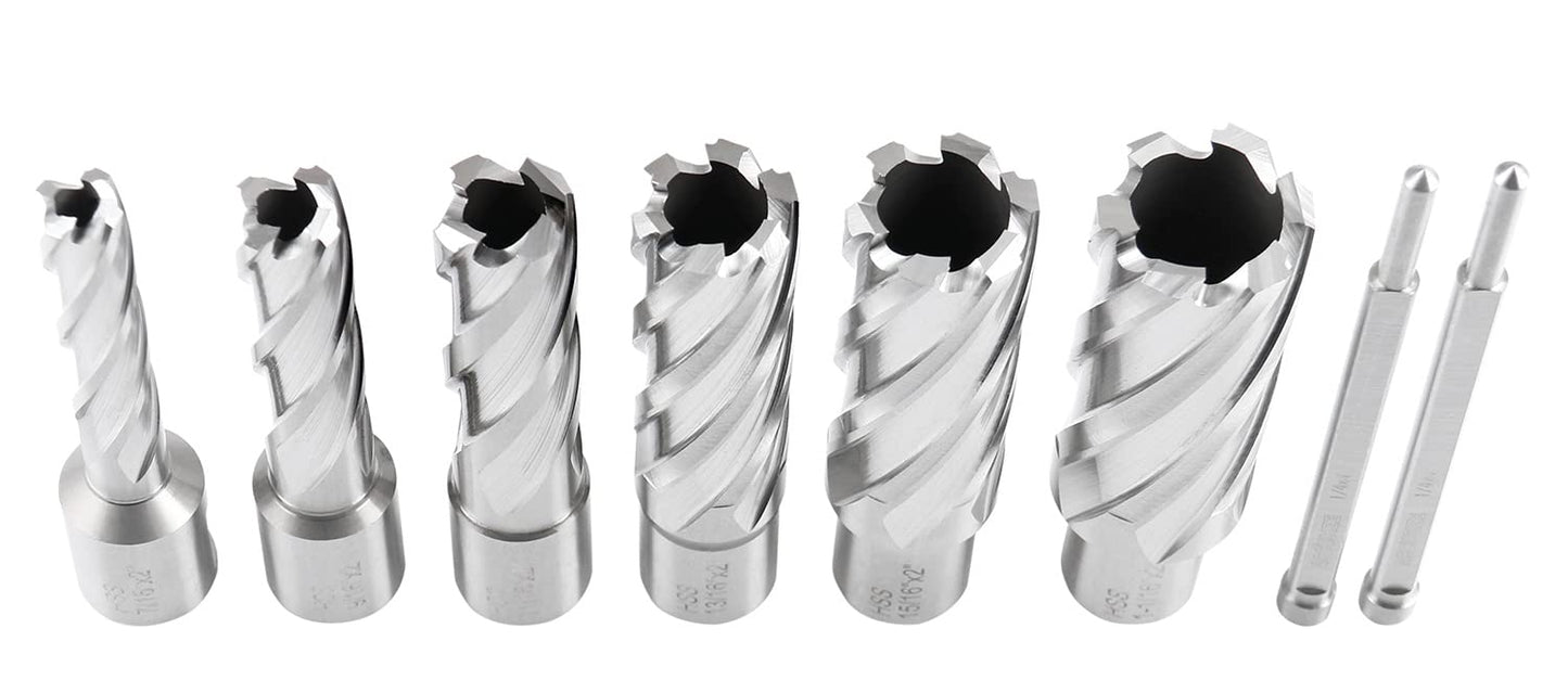 Accusize Industrial Tools H.S.S. Annular Cutter Set, 2'' Cutting Depth, 7/16'' - 1-1/16'' Slugger Cutter, 8 Pcs/Set, HSS2-0000